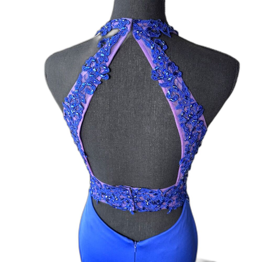 1006 Size 6 Morilee royal blue illusion halter gown mermaid slit train backless - Picture 4 of 5